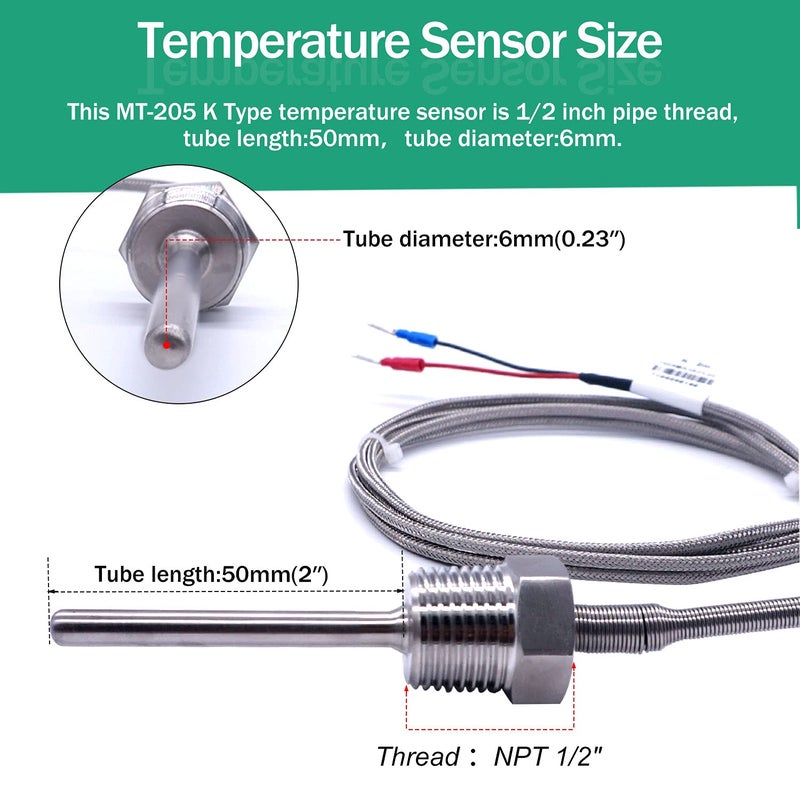 Twidec /2M NPT 1/2"inch (6X50MM) Pipe Thread Temperature Sensor Probe Two Wire Temperature Controller (0~600℃) 304 Stainless Steel K Type Thermocouple MT-205-1/2 - Image 2